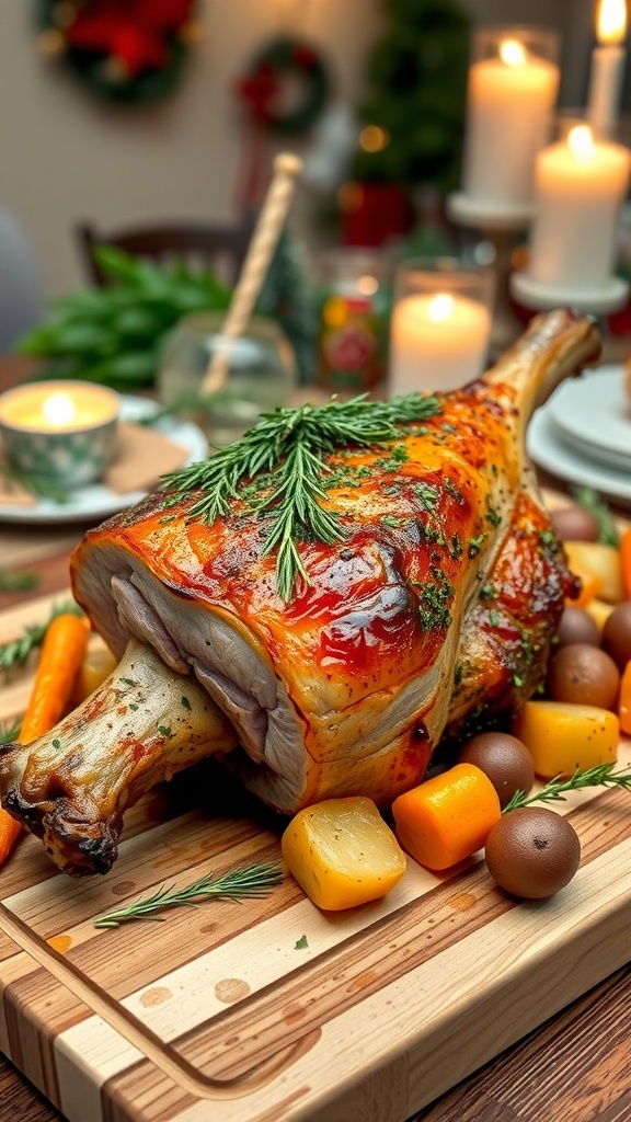 A succulent leg of lamb with herb crust, garnished with herbs, on a festive table with roasted vegetables.